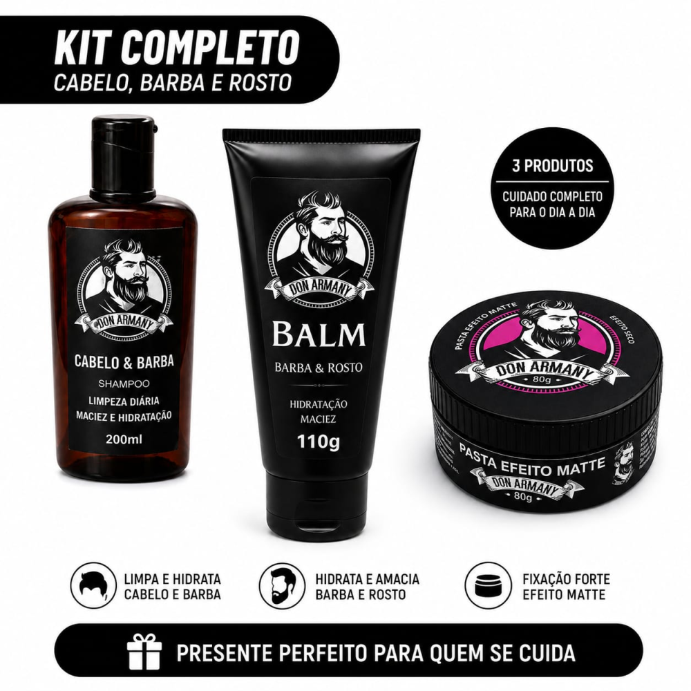 Kit Don Armany Cabelo e Barba Shampoo 200ml + Balm 110g + Pasta Efeito Matte 80g