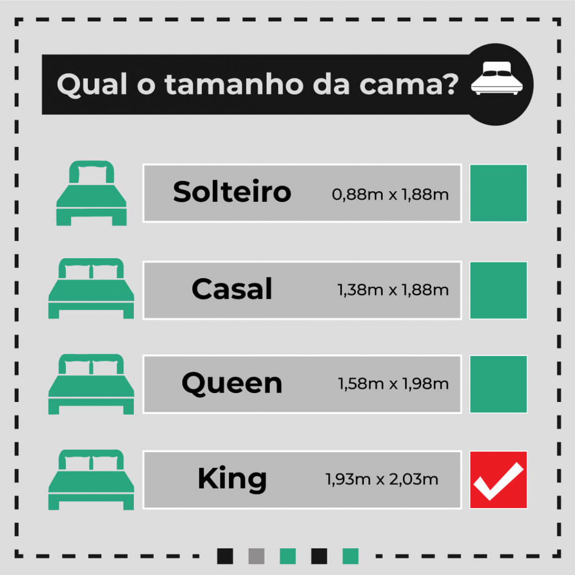 Tamanhos de cama king, queen, solteiro e casal