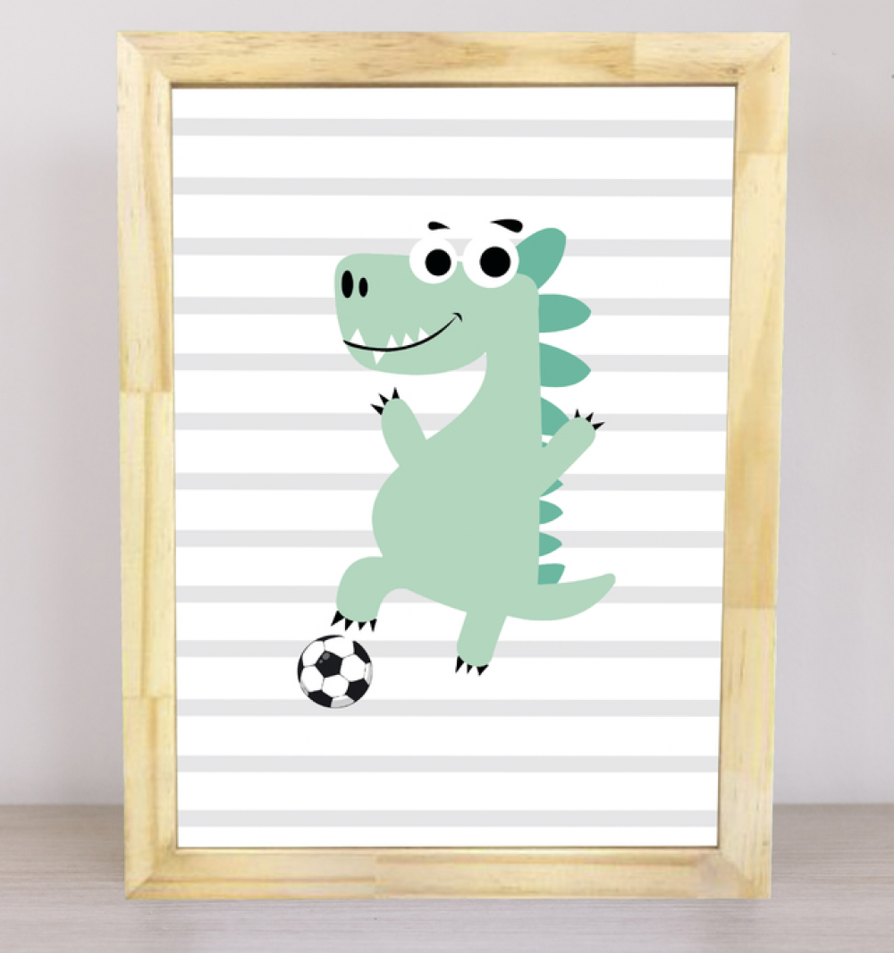 Quadro Dinossauro Jogador de Futebol - com Moldura